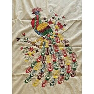 Vintage Handmade Embroidered Colorful Peacock Bed Cover W/2 Pillow Cases Queen